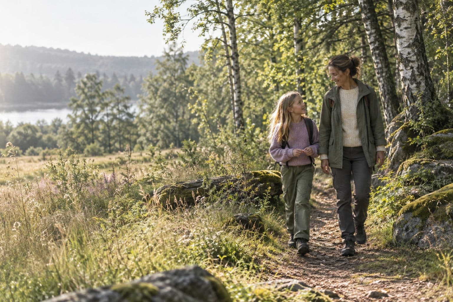 Förälder och barn promenerar tillsammans i en solig skog